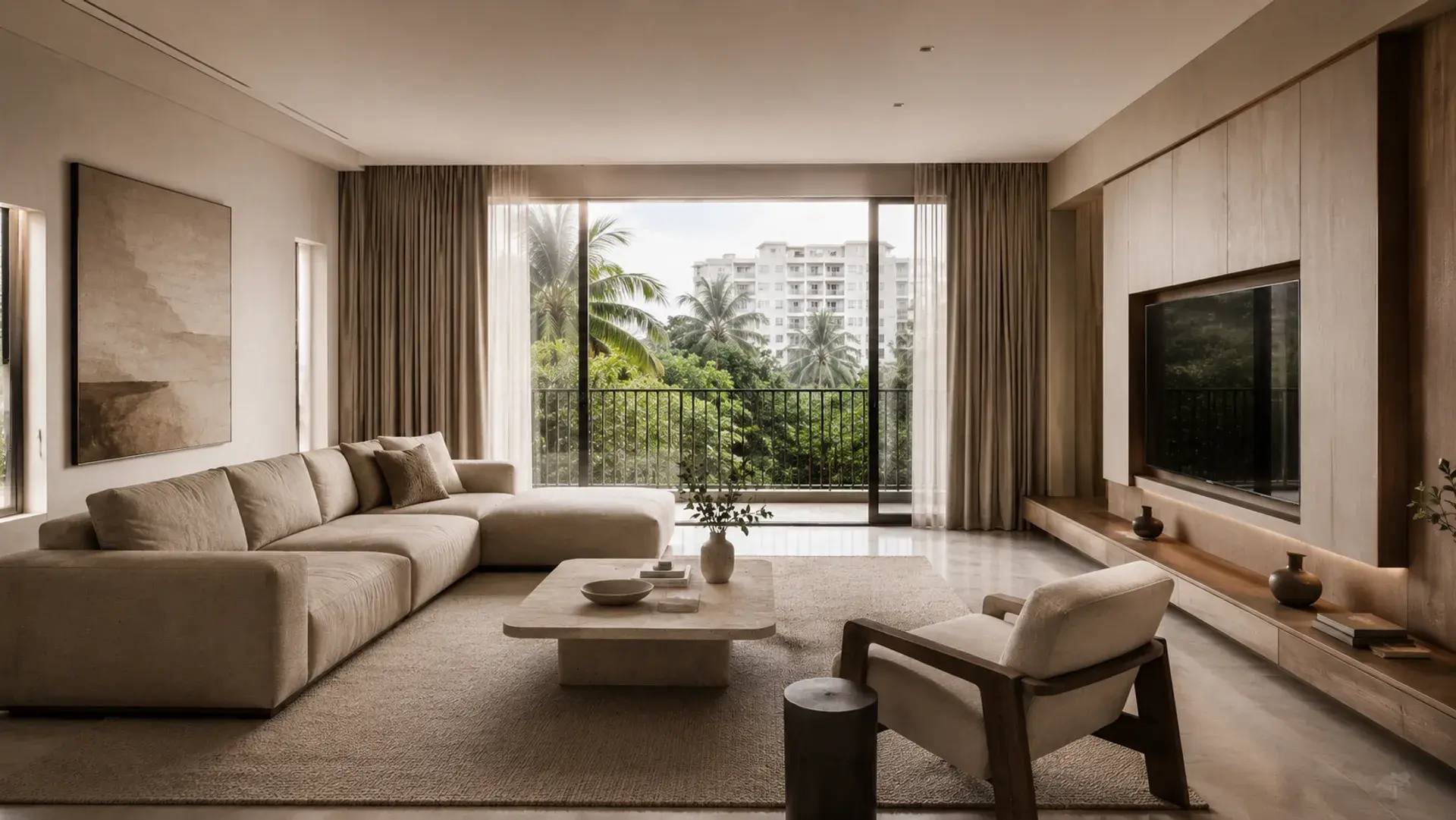 Warm minimalist living room with a balcony overlooking greenery